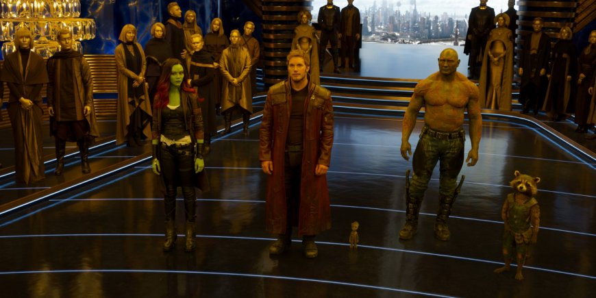 Dave Bautista, Zoe Saldana et Chris Pratt dans