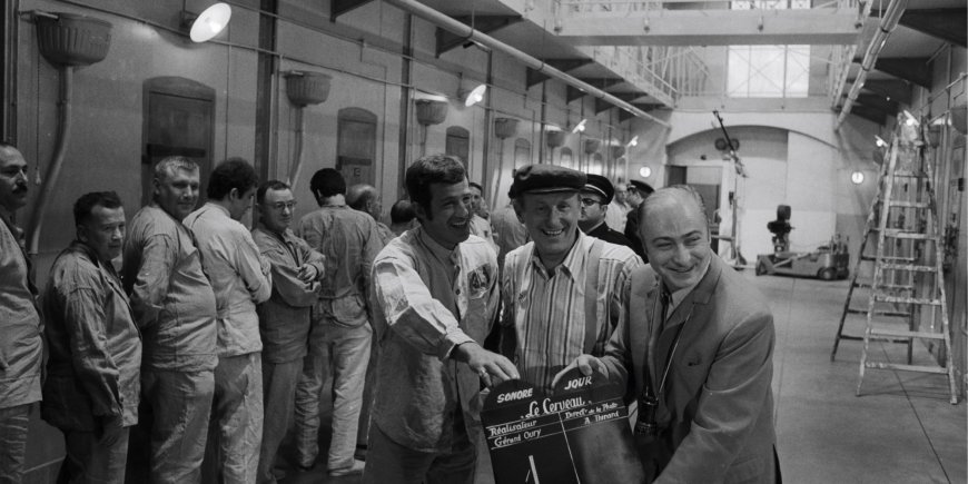 Jean-Paul Belmondo, Bourvil et Gérard Oury sur le tournage du