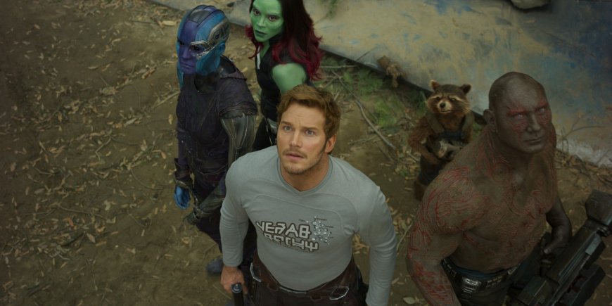 Chris Pratt, Dave Bautista, Karen Gillan et Zoe Saldana dans