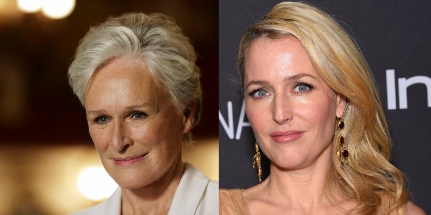 Glenn Close lors d'un photocall pour son retour sur la scène londonienne en 2015 et Gillian Anderson à la soirée InStyle et Warner Bros. post-Golden Globes 2016.