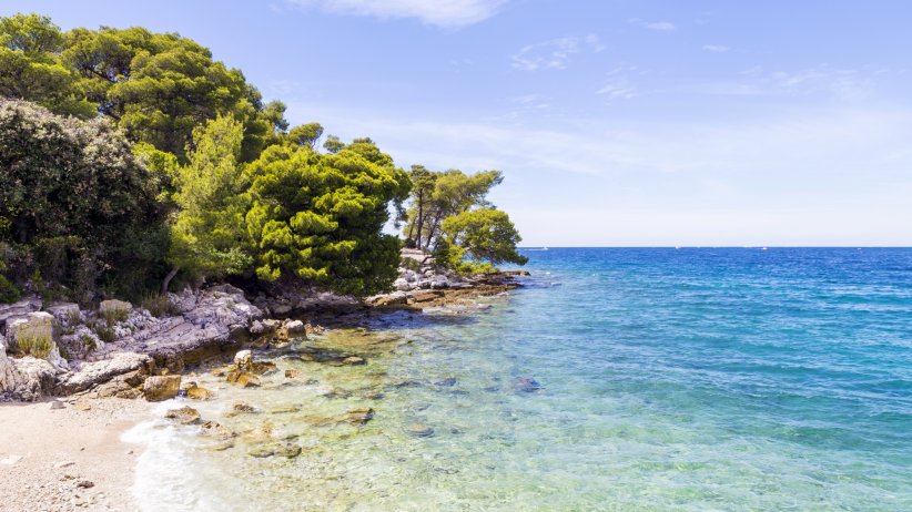La plage de Valalta à Rovinj, en Croatie La plage de Valalta à Rovinj, en Croatie