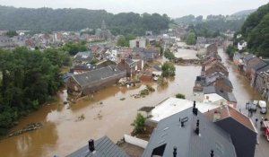Inondations: images aériennes à Pepinster, en Belgique