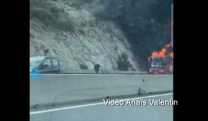 Les images de l'impressionnant incendie du bus qui a provoqué un feu de forêts à La Jonquera