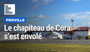 Tempête Ciaran : un chapiteau éventré sur le parking de la zone Cora à Proville