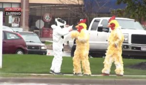 Des personnes déguisées en poulet se bagarrent en pleine rue, l'étonnante vidéo
