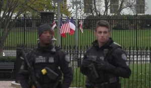 Des drapeaux français aux abords de la Maison Blanche avant la visite d'État de Macron