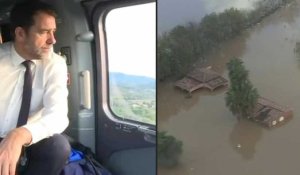Inondations: Castaner constate les dégâts en hélicoptère