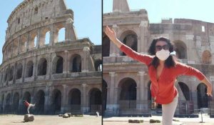 Italie : une femme fait du yoga devant le Colisée de Rome