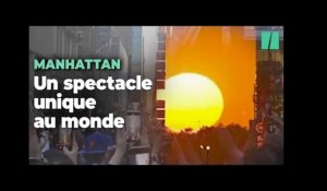 À Manhattan, le soleil s'aligne entre les gratte-ciel et forme un spectacle unique