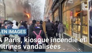 À Paris, des images impressionnantes d’un kiosque incendié et de vitrines vandalisées