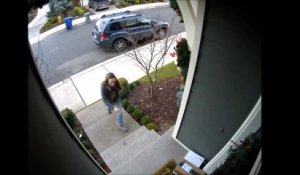 Elle vole deux colis devant la porte d'une maison