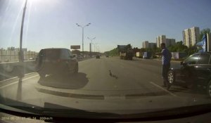 Un homme aide des canards à traverser une route