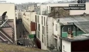Attentat à Charlie Hebdo : fusillade mortelle à l'entrée du bureau vue du toit #CharlieHebdo