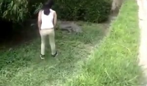 Une femme tente de caresser un crocodile dans son enclos