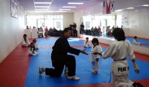Un petit garçon tente désespérément de casser une planche au Taekwondo
