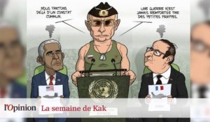 Dessin de Kak : Michel Sapin chimiste, Vladimir Poutine super tsar