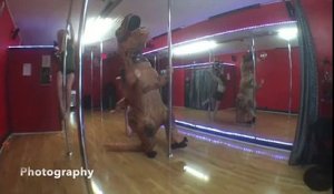 Un dinosaure fait une Pole Dance
