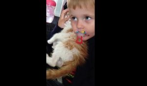 Un petit garçon fait un câlin à son chat après son bain !