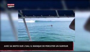 Avec sa moto sur l'eau, il manque de percuter un surfeur (vidéo)