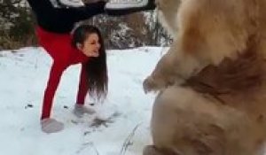 Une fille fait ses exercices avec l’aide d’un ours