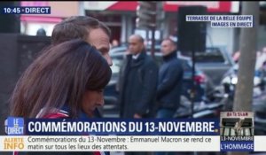 Emmanuel Macron et Anne Hidalgo déposent une gerbe de fleurs devant "La belle équipe", où 21 vies ont été fauchées le 13-Novembre 2015
