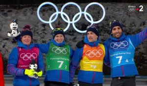 JO 2018 : Biathlon - Relais Mixte. La cérémonie des peluches avec les Bleus en or !