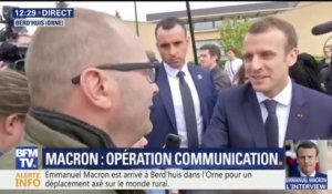 "Vous êtes venu en train?", demande un homme à Emmanuel Macron à Berd’Huis