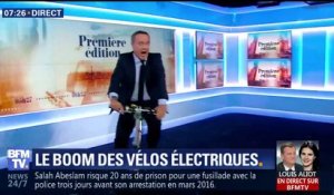 Christophe Delay teste le vélo électrique ce matin sur le plateau de Première édition