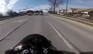 Un motard lancé à pleine vitesse voit un chien traverser juste devant lui