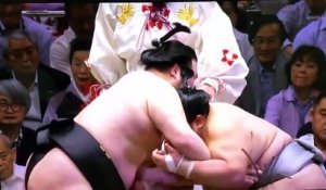 Deux sumos se mettent un très violent coup de tête