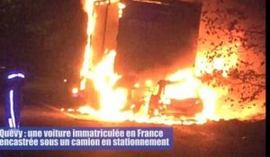 Quévy :une voiture immatriculée en France encastrée sous un camion en stationnement