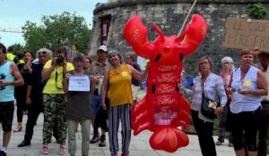 François de Rugy : des manifestants brandissent un homard géant à Niort