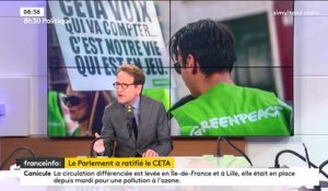 "Le Ceta, c'est bon pour l'environnement (...) Nous avons pu démontrer que l’effet sur les émissions carbone était quasiment proche de zéro", assure Gilles Le Gendre