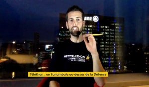 Téléthon : "Sur la ligne, je ne suis pas seul", un funambule défie la pesanteur à 150 m au-dessus de La Défense