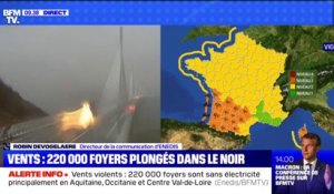 220.000 foyers sont actuellement privés d'électricité, principalement en Aquitaine, Occitanie et Centre-Val de Loire, en raison des vents violents