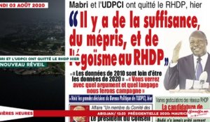 Le titrologue du lundi 03 Août 2020/  Mabri et l'UDPCI ont quitté le RHDP hier