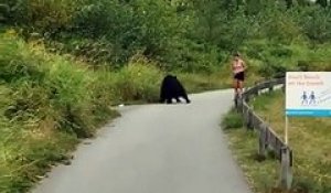 Un ours donne un coup de patte à une joggeuse