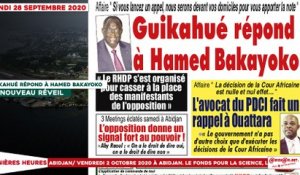 Le titrologue du Lundi 28 Septembre 2020/ Guikahué répond à Hamed Bakayoko