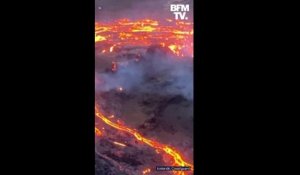 En Islande, un hélicoptère survole et filme l'éruption volcanique à 40 km de la capitale