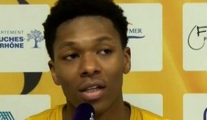 Allan Dokossi après la victoire de Fos Provence Basket contre Evreux