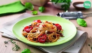 Spaghetti bio aubergines, thym et fromage de chèvre
