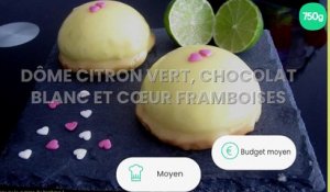 Dôme citron vert, chocolat blanc et cœur framboises