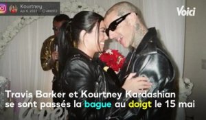 VOICI : Kourtney Kardashian et Travis Barker se sont mariés : découvrez sa mini robe et son voile très impressionnant