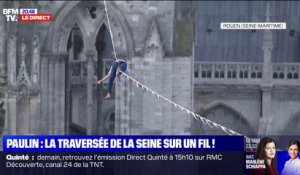 L'image du funambule Nathan Paulin qui s'allonge sur sa slackline à Rouen