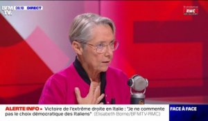 Après la victoire de l'extrême droite en Italie, Élisabeth Borne se dit "attentive" au respect "des valeurs sur les droits de l'Homme"
