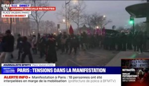 Manifestation à Paris: des tensions éclatent entre certains individus et la police, place Vauban, à l'arrivée du cortège