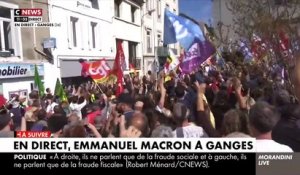 Emmanuel Macron dans l'Hérault: Regardez les manifestants qui ont investi la place de l'hôtel de ville de Ganges avant l’arrivée du Président - VIDEO
