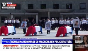 "À la vue de vos trois cercueils, n'existe que la sidération devant l'injustice et l'absurde": Emmanuel Macron rend hommage aux trois policiers tués
