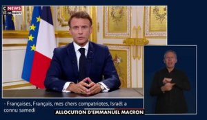 Emmanuel Macron : "Disons le clairement, le Hamas est un groupe terroriste qui veut la mort du peuple d'Israël. Israël a le droit de se défendre par des actions ciblées mais en préservant les civiles"