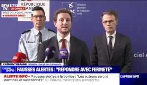 18 aéroports ont été visés par de fausses alertes à la bombe et dix ont été évacués ce vendredi, annonce Clément Beaune lors d'un point presse